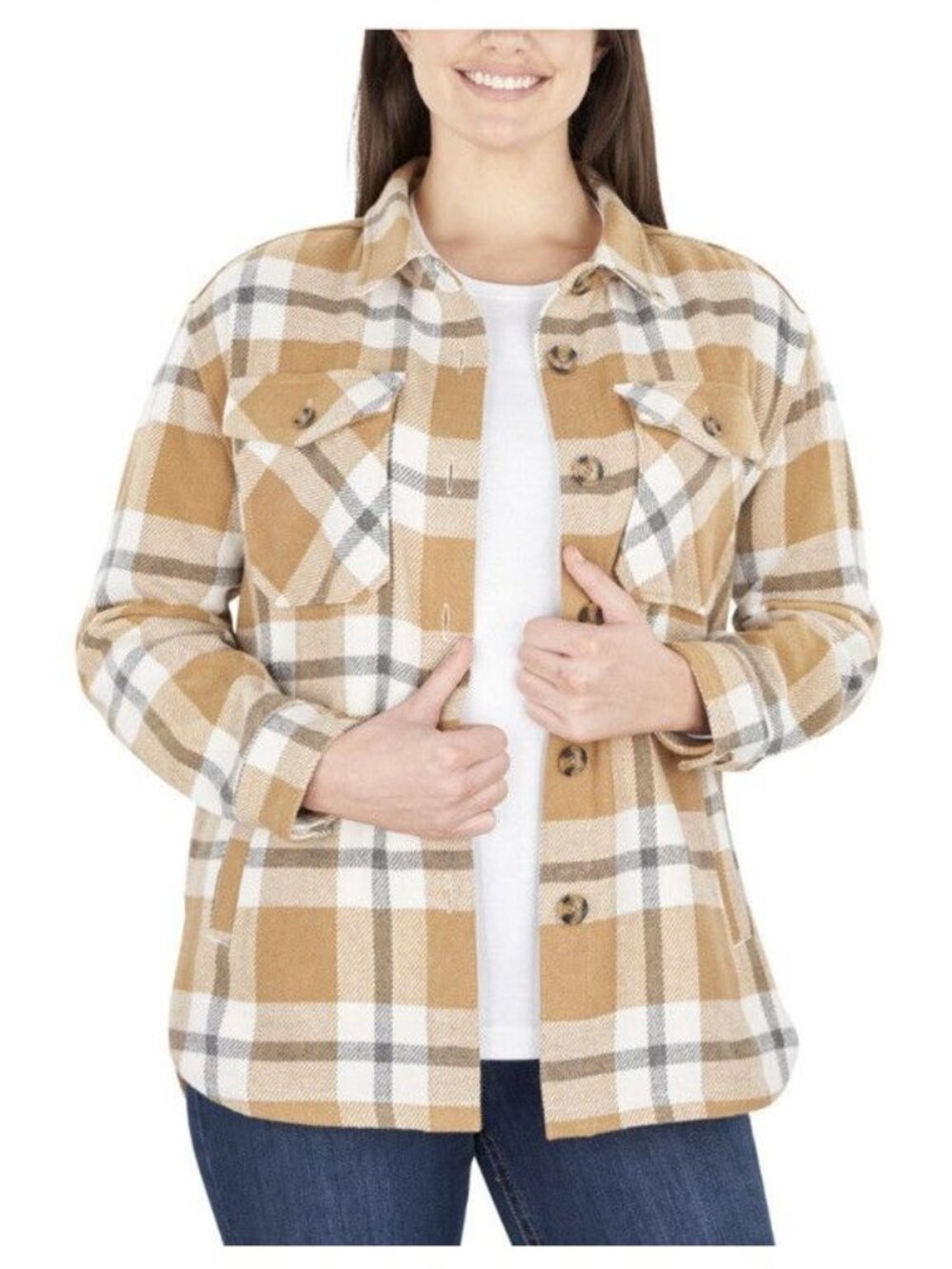 Member’s Mark Women’s Beige & Ivory Plaid Button Up Long Sleeve Shacket Size S